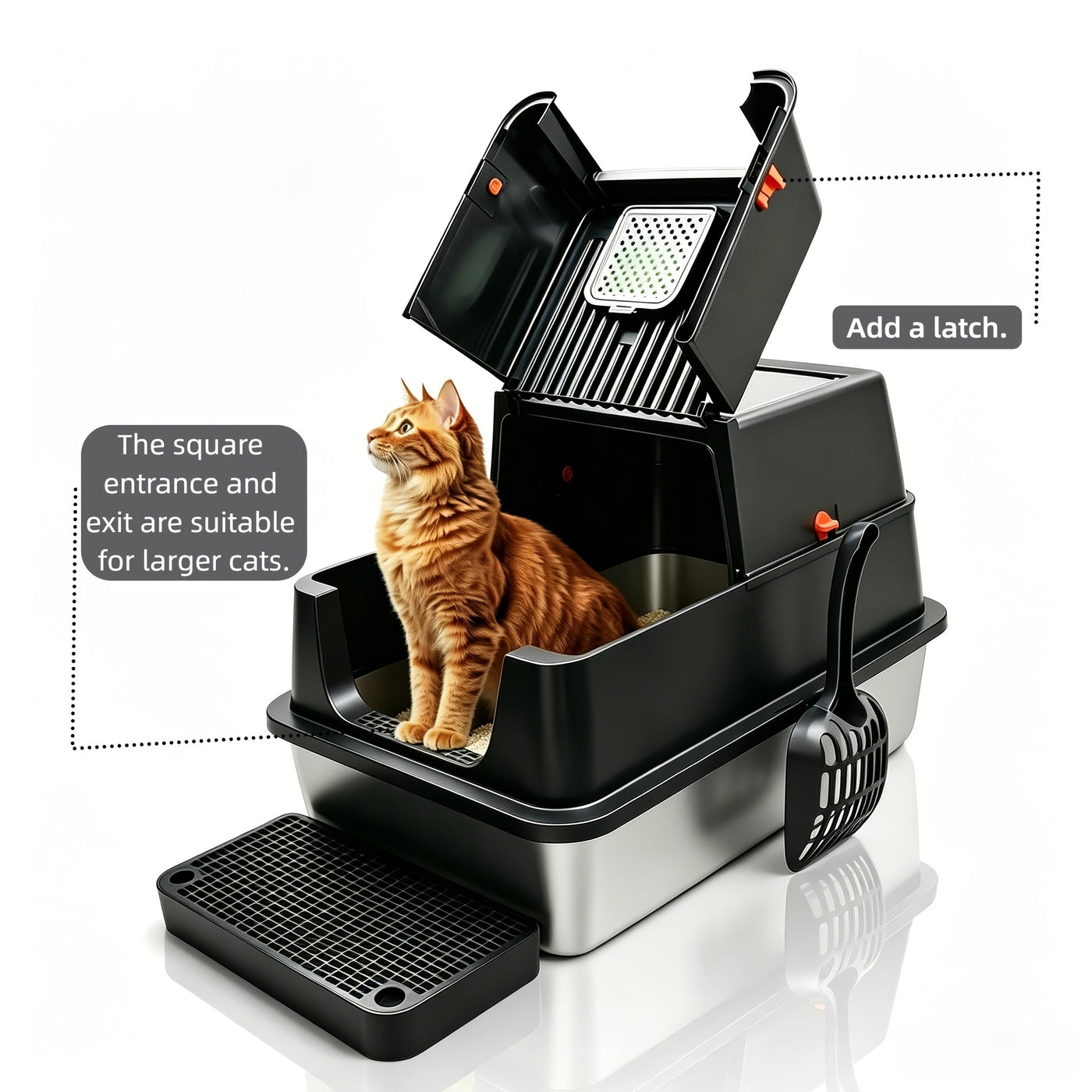 XL Stainless Steel Enclosed Cat Litter Box – 3-in-1 Flip Top Design, High Side Walls Prevent Litter Scatter, Ideal for Large Cats and Multi-Cat Households