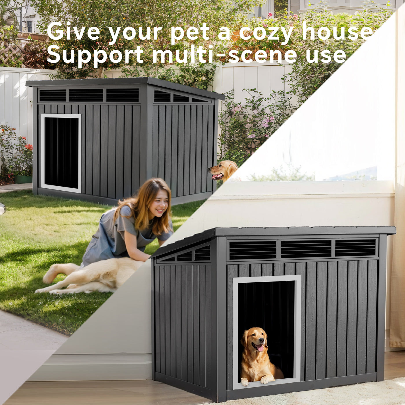XXXL Outdoor Dog House for Large Dogs – All-Weather Resin Kennel with Gas-Lift Ventilated Canopy, UV-Proof & StormProof Design, Easy Assembly Shelter for Multi-Pet Households