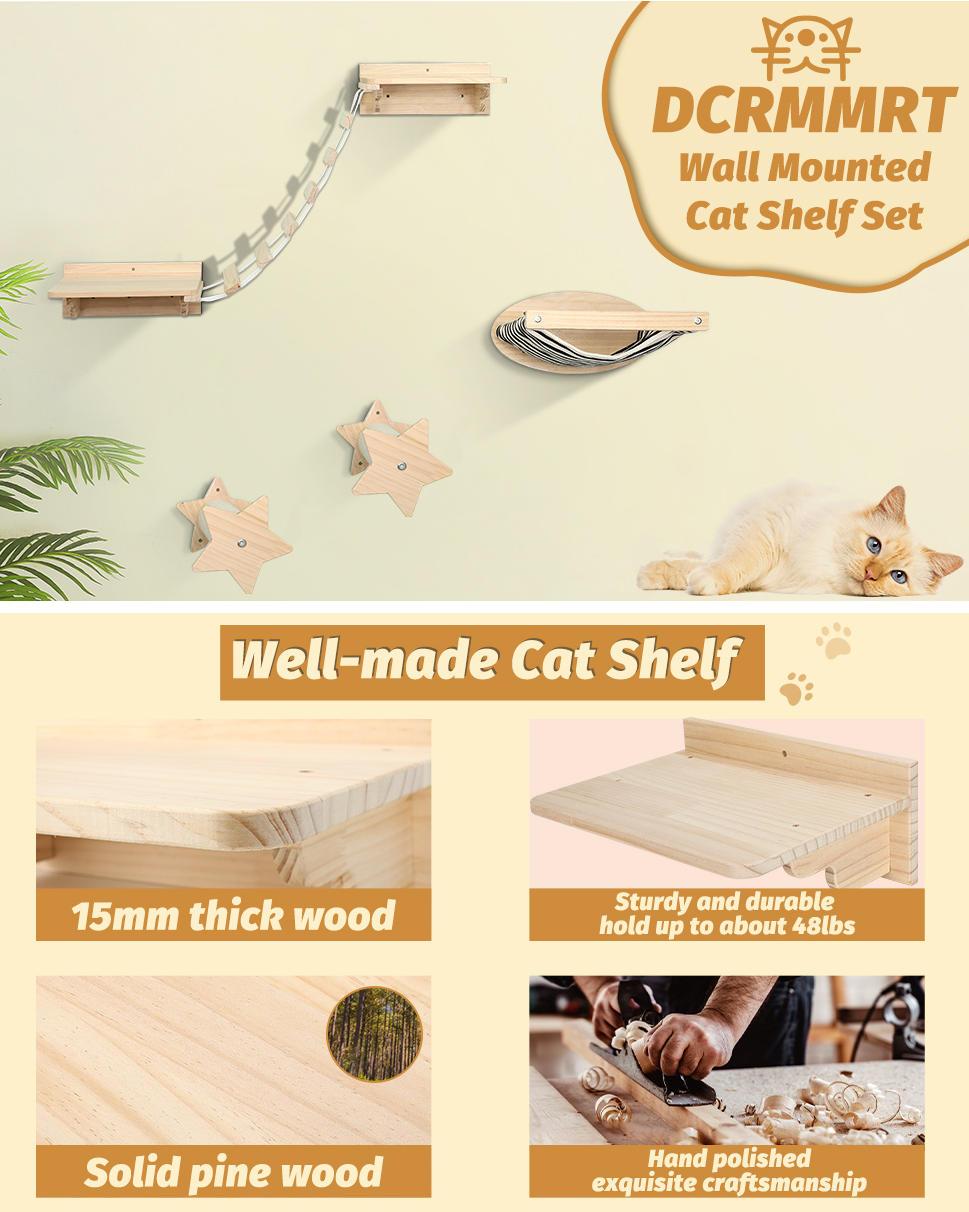 Cat Wall Hammock Climbing Shelves with 2 Steps Wall Mounted Cat Perch Bed for Indoor Large Cats – Wood Color Cat Furniture for Climbing Sleeping and Playing