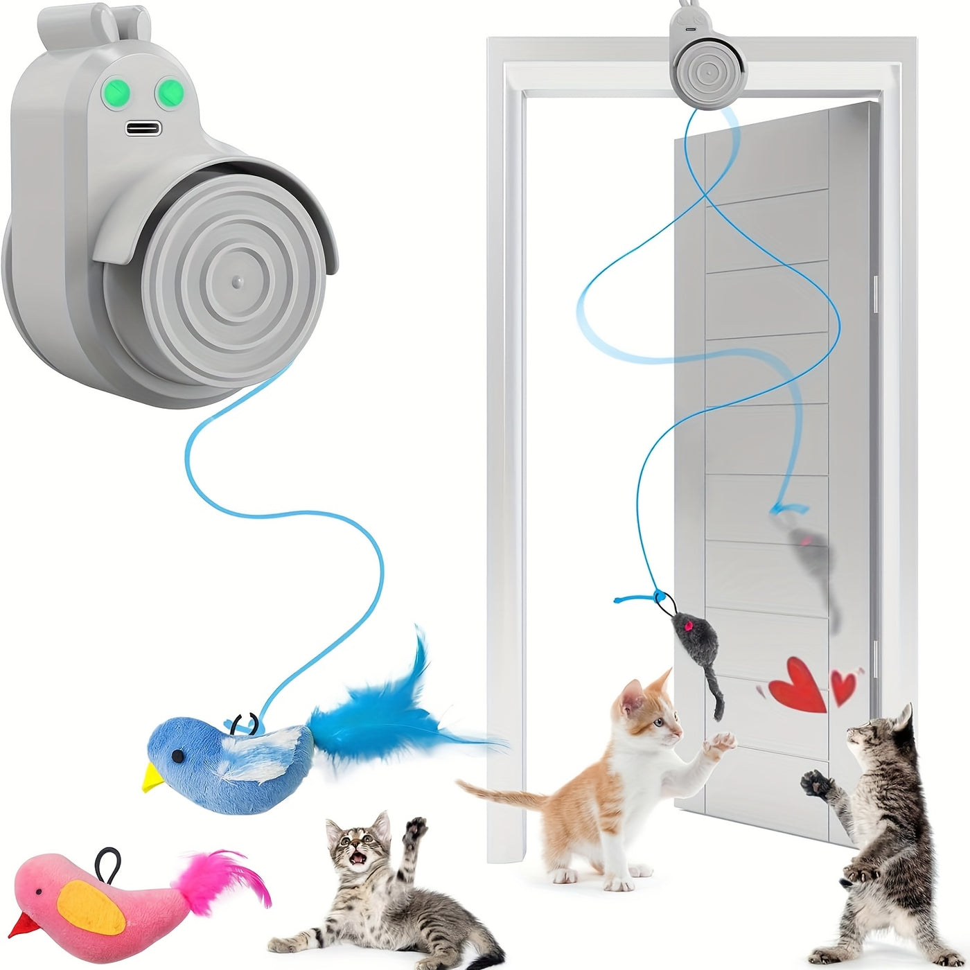 Automatic Electric Flying Bird Feather Cat Toy – Stick-On Hanging Interactive Toy for Indoor Cats & Kittens, Electric Kitty Enrichment Toy for Bored Cats, Grey Blue White