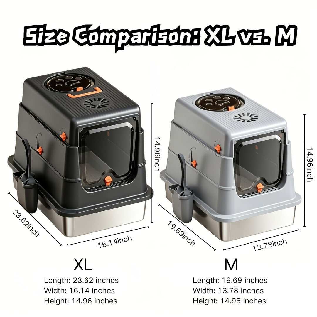 Stainless Steel Cat Litter Box XL Enclosed Odor-Proof with Scoop Step Pedal & Carbon Deodorizer for Large Cats