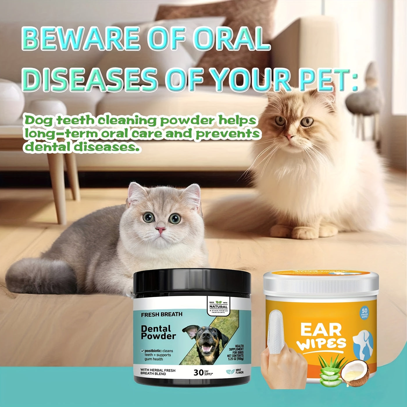 Pet Grooming Wipes for Dogs & Cats - Dental Wipes, Ear Wipes, Eye Wipes & Teeth Cleaning Kit, Coconut Scent, Soothing & Deodorizing for All Breed Sizes