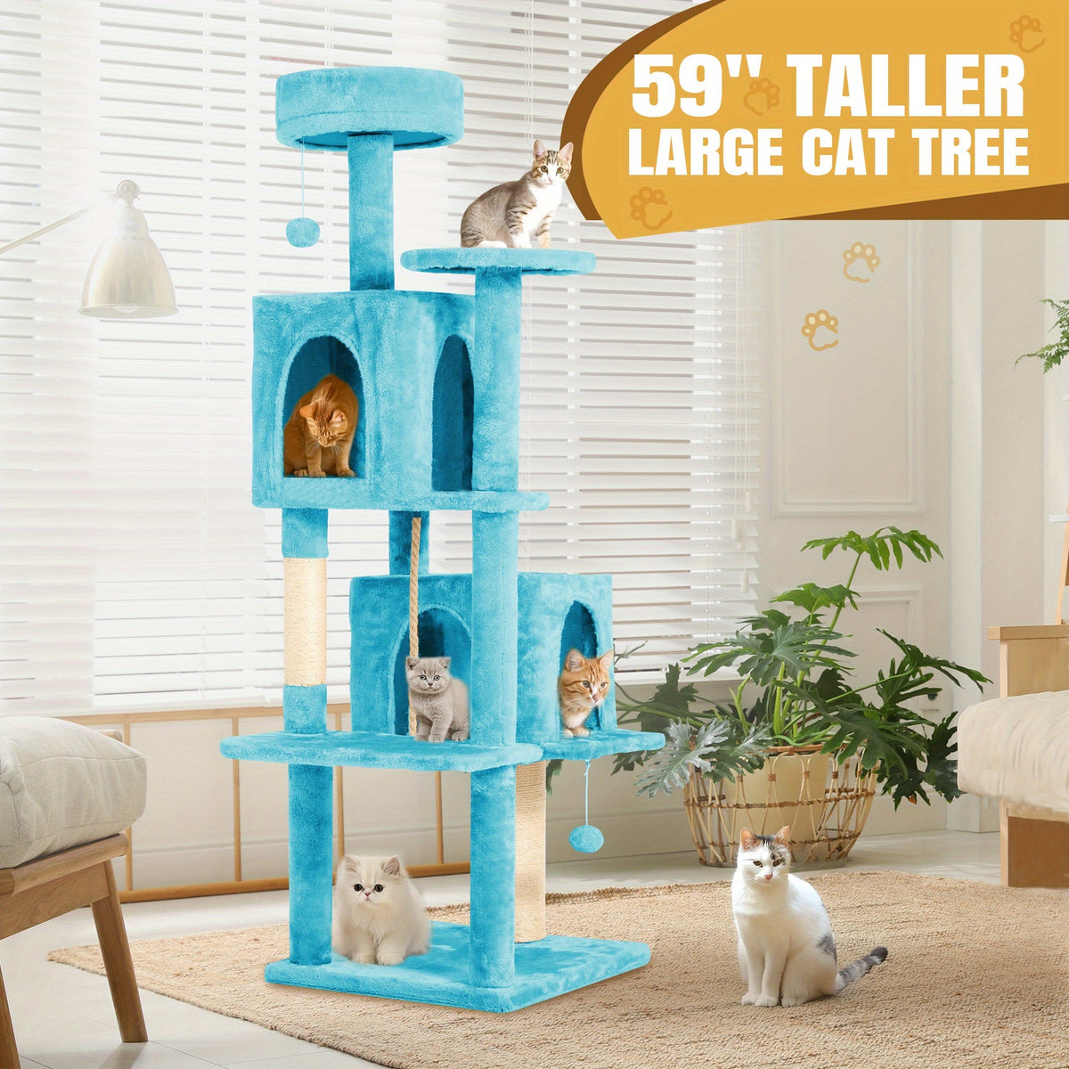 59-Inch Large Cat Tree Tower for Indoor Cats - Multi-Level Plush Perches, Sisal Scratching Posts & Hanging Ball Toy, Tall Cat Tower for Bedroom Living Room