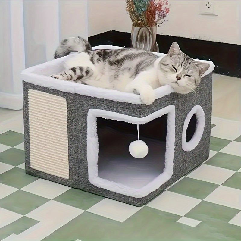 Foldable Cat Cube Bed with 2-Tier Perch, Toy Tunnel & Scratching Post – Space-Saving Indoor Cat House, 16.5x16.5x13 Inches, Plush & Canvas
