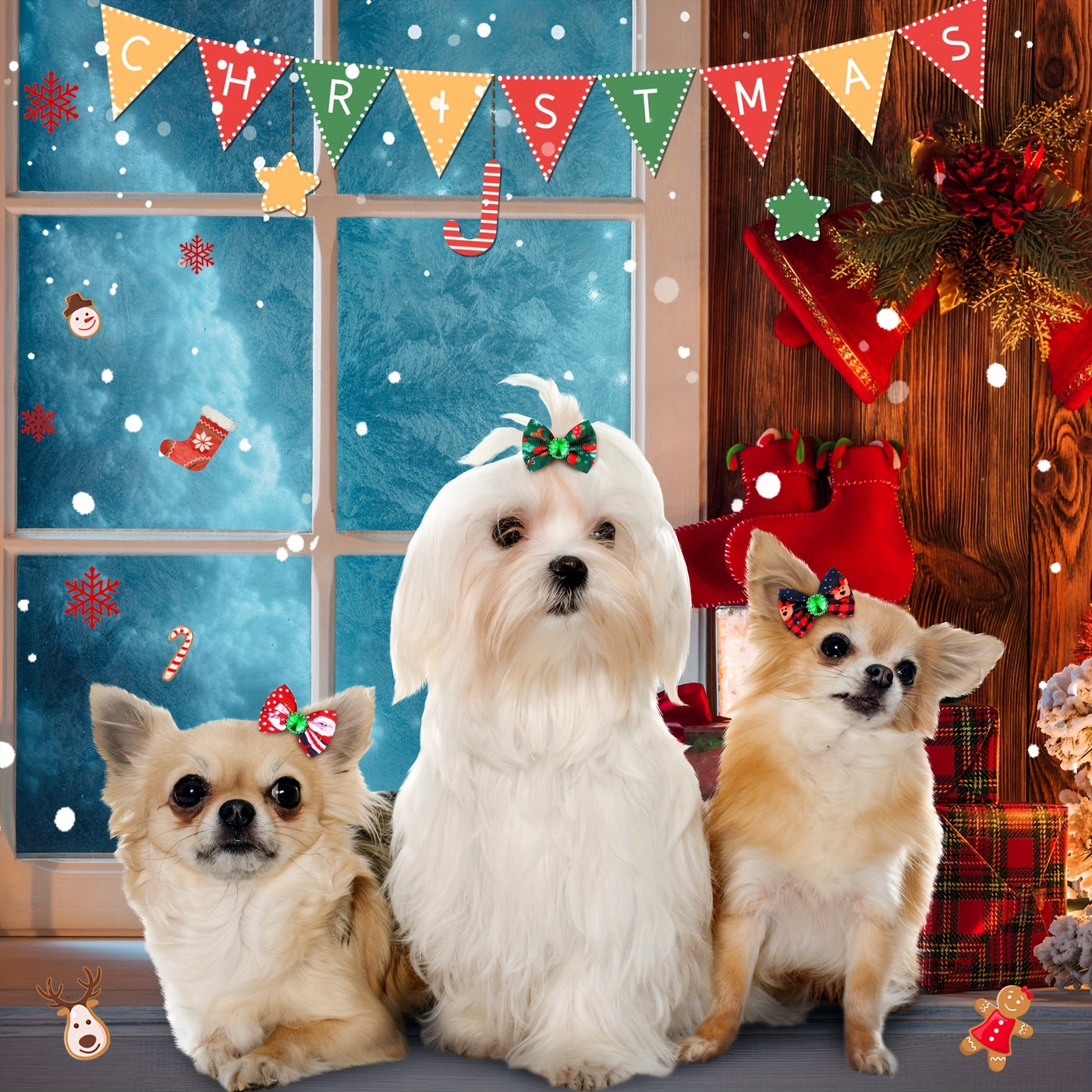 Christmas Dog Bows 100 Pack – Rhinestone Hair Bows with Bands for Dogs & Puppies, Santa Claus Christmas Tree Elk Snowflake Grooming Accessories, Holiday Pet Hair Bow Gift Set