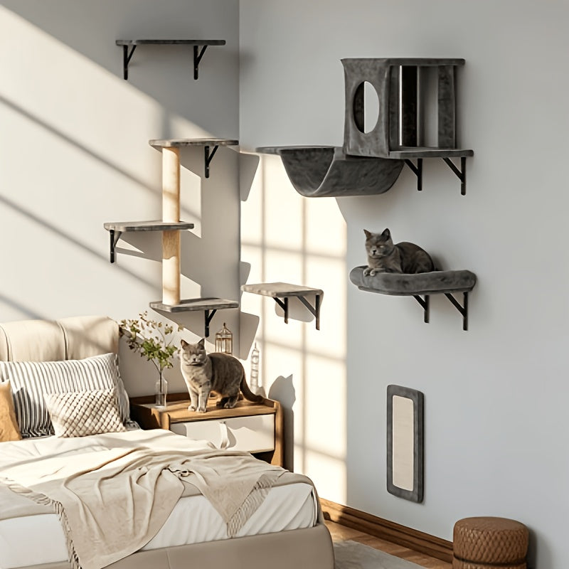 Wall Mounted Cat Climbing Shelf Set – 6 or 7 Piece Cat Wall Furniture with Scratching Post, Bridge, Ladder & Tunnel, Indoor Cat Condo for Cats of All Sizes