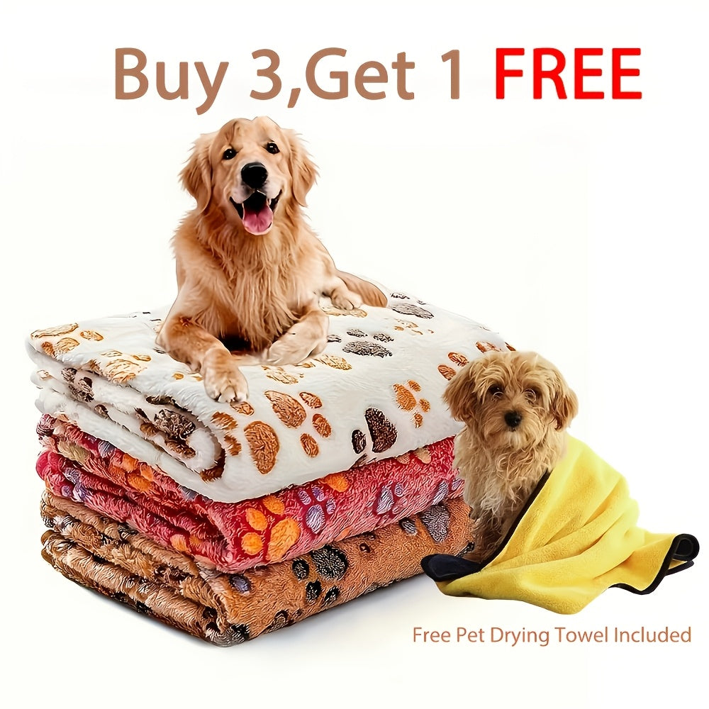 Fleece Pet Blanket 3 Pack with Free Drying Towel - Super Soft Flannel Throw for Dogs Puppies & Cats, Tear-Resistant Paw & Dot Print, Machine Washable, 20x16 & 23x16 Inch