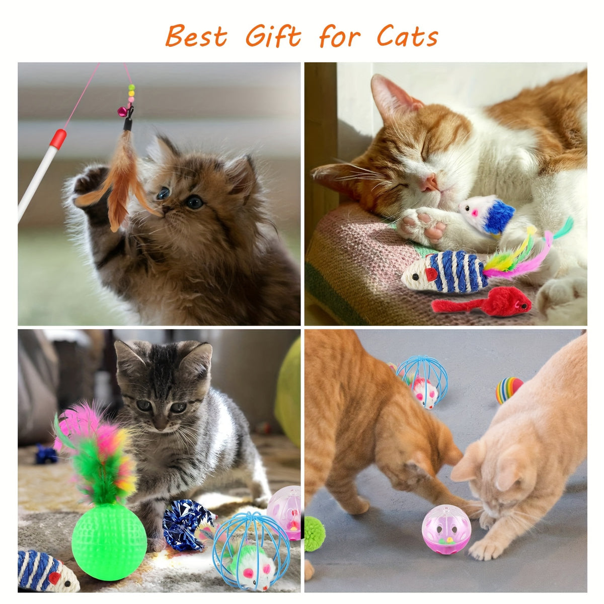 32-Piece Cat Toy Set with Rainbow Tunnel – Kitten Toys Assortment Including Feather Teaser Wand, Sisal Mice, Bell Balls & Crinkle Balls for Indoor Cats