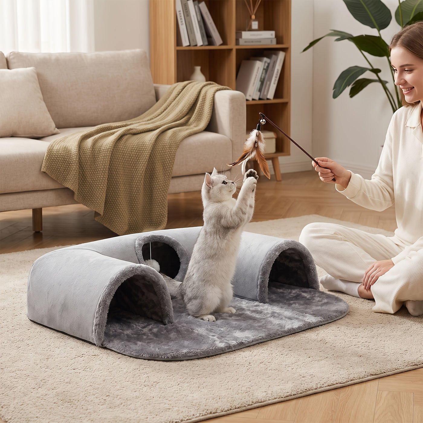 Cat Tunnel Bed with Memory Foam & Glow-in-the-Dark Stars - Detachable Plush Cat Condo, 3D Support, Hanging Ball, Machine Washable Pet Nest for Indoor Cats, 29.5x21.6in