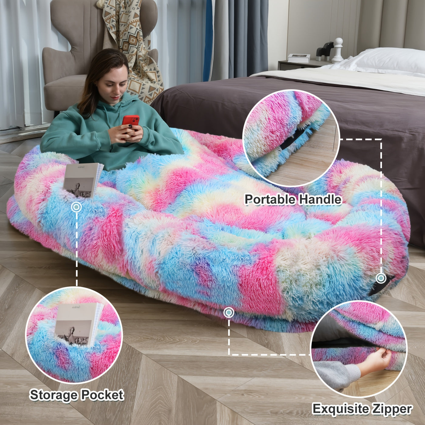 Human Dog Bed 70x44x11 Inch Giant Faux Fur Orthopedic Bed for People & Pets - Washable Non-Slip Extra Large Dog Bed for Adults, Napping, Lounging, All Breeds