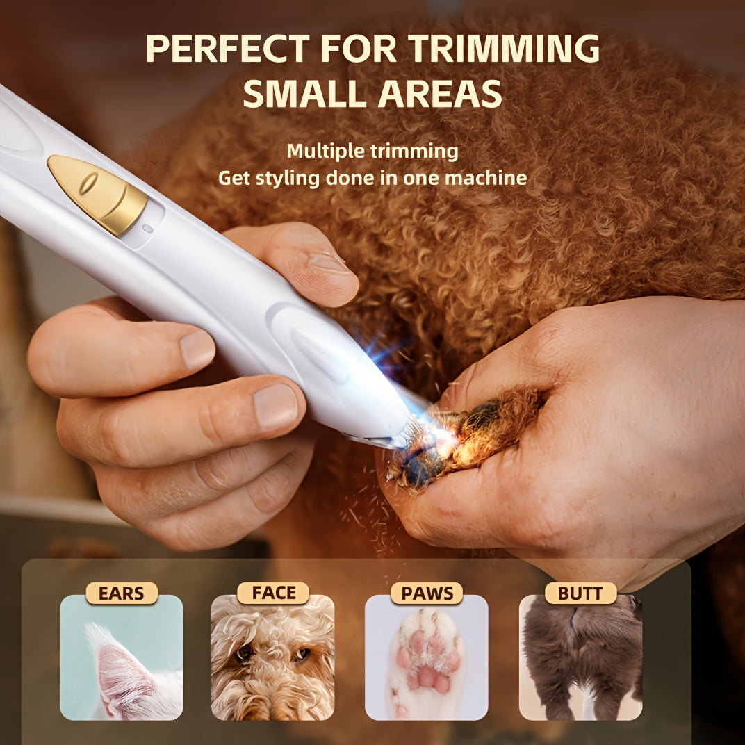Electric Pet Paw Trimmer & Clipper with LED Light - USB Rechargeable Low Noise Dog Cat Grooming Kit for Eyes Face Ears Paws, Professional Pet Hair Shaver, White