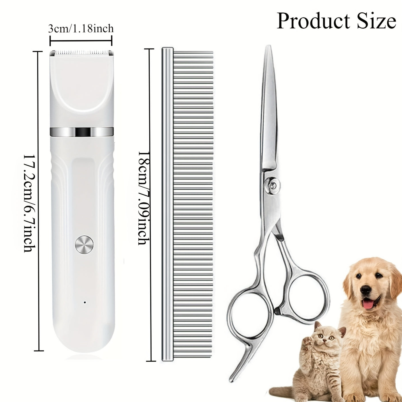 6-in-1 Pet Grooming Kit USB Rechargeable Cordless Clippers – 4 Interchangeable Blade Heads, Nail Clipper, Steel Comb & Scissors for Dogs Cats & Small Animals, White & Blue