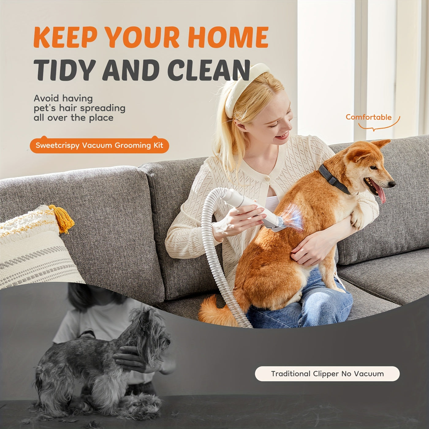 Pet Grooming Vacuum Kit 5-in-1 – Dog & Cat Hair Clipper with 99% Suction Vacuum, 6 Guide Combs, Professional Low-Noise Grooming Tools for Dogs Cats, White Grey & White Blue