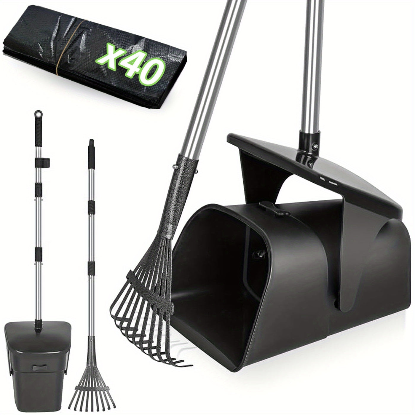 Dog Pooper Scooper Set Heavy Duty – Long Handle with Swivel Bin, Rake & Spade for Grass, Dirt & Gravel, Includes 40 Waste Bags, 2 or 3 Piece Set for Large Dogs