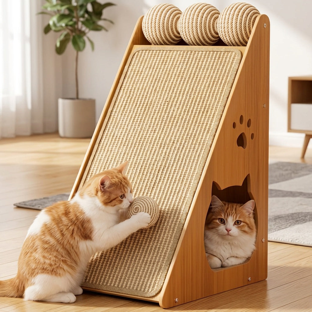 27-Inch Sisal Cat Scratching Board with Paw Pads & 3 Teaser Balls – Wear-Resistant Furniture Protector Scratcher for Indoor Cats