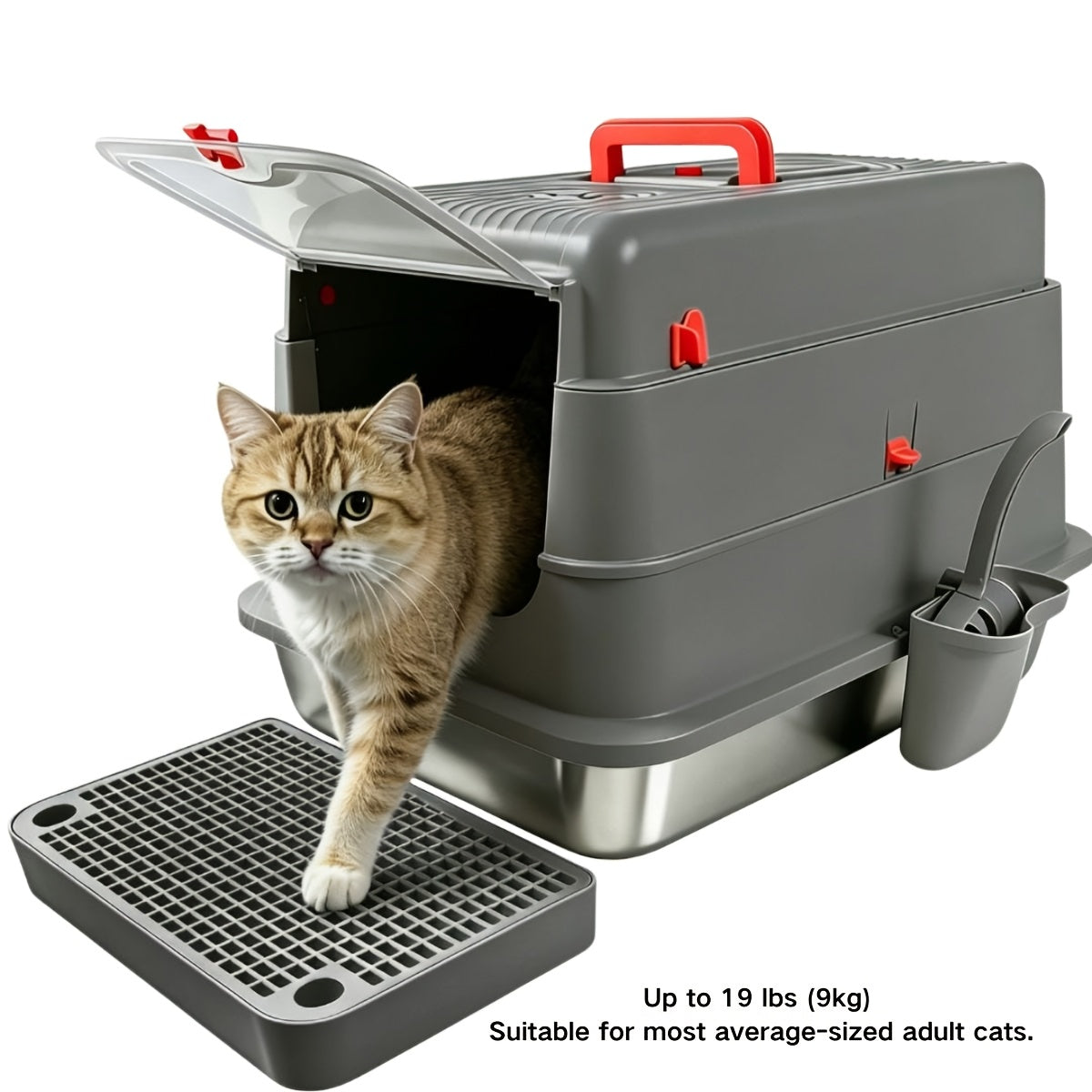 Stainless Steel Cat Litter Box XL Enclosed Odor-Proof with Scoop Step Pedal & Carbon Deodorizer for Large Cats