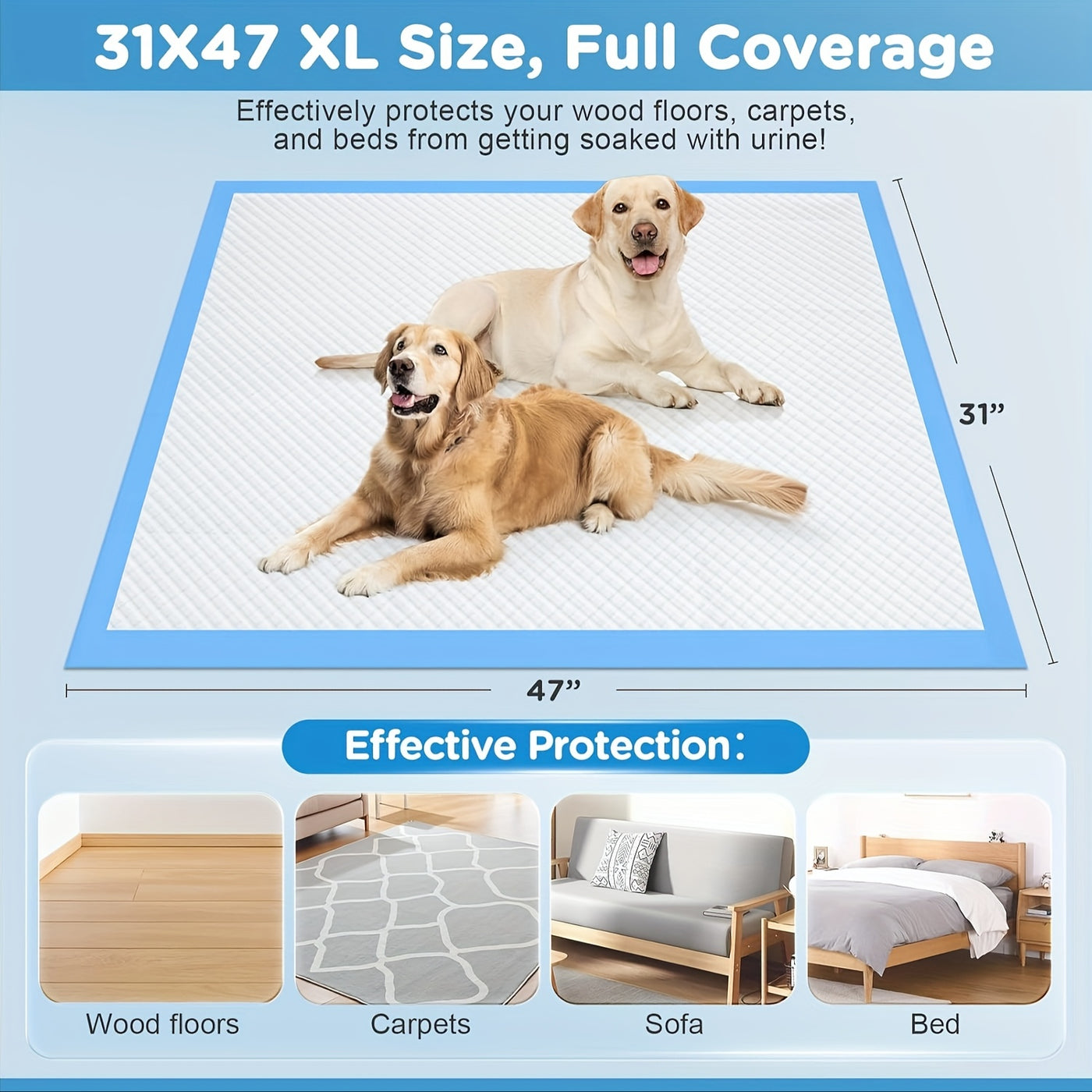 Disposable Dog Pee Pads - 8-Layer Super Absorbent Leak-Proof Puppy Potty Pads, XXXL Extra Large 31x47 / 32x36 / 57x31 in, 40 / 60 / 80 / 120 Count, for Cars Cages Sofas