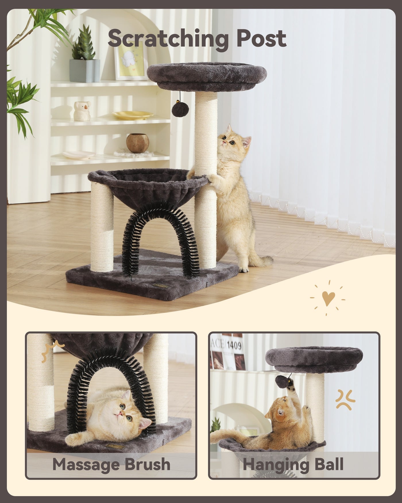 Cat Tree Tower 27.8" for Indoor Cats – Multi-Level Scratching Post with Plush Basket, Perch & Dangling Ball for Kittens and Small Cats, Grey