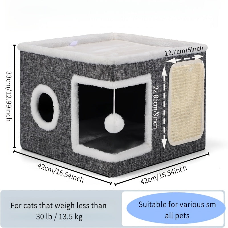 Foldable Cat Cube Bed with 2-Tier Perch, Toy Tunnel & Scratching Post – Space-Saving Indoor Cat House, 16.5x16.5x13 Inches, Plush & Canvas