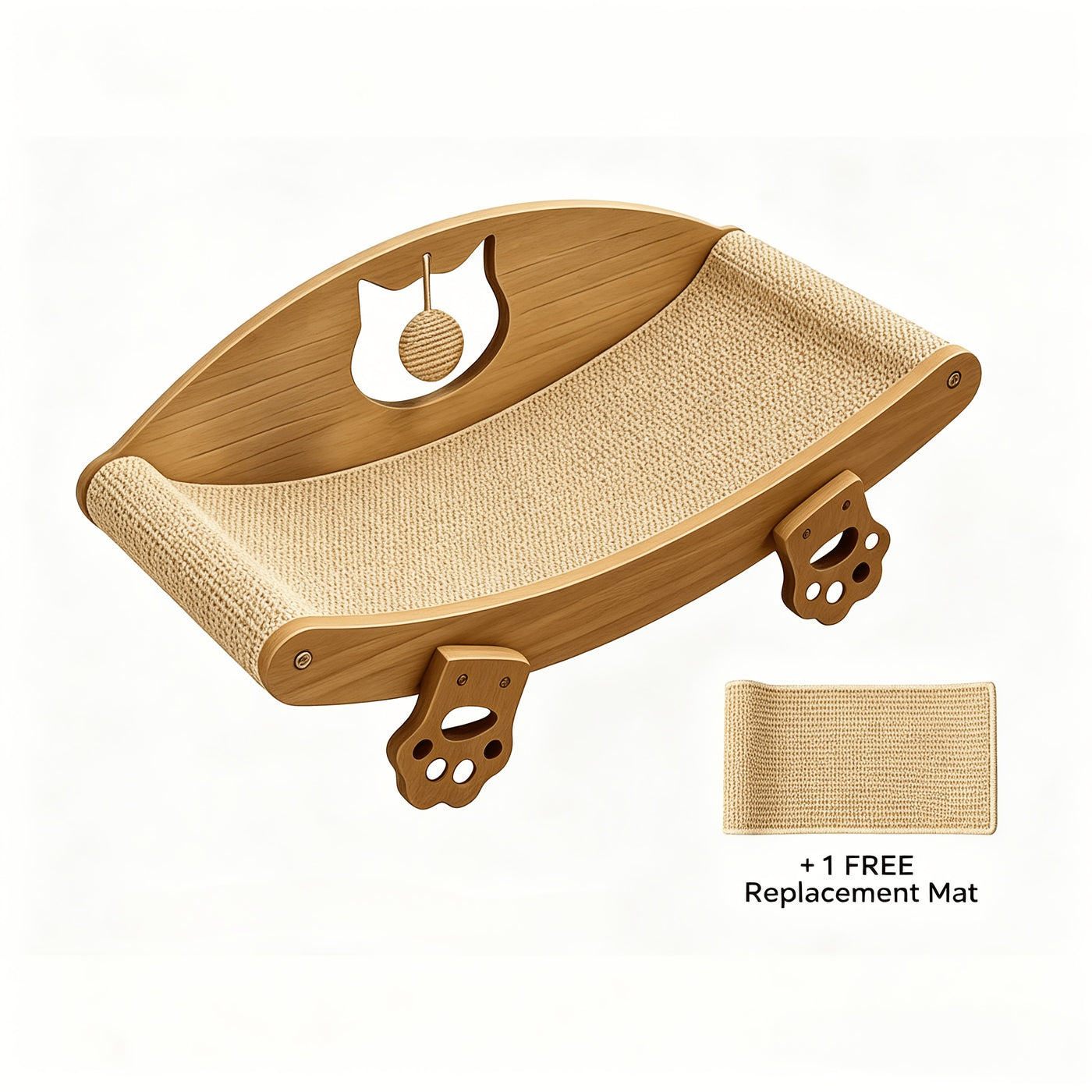 Sisal Cat Scratcher Lounge Chair with Hanging Ball Toy – Solid Wood Curved Cat Bed & Scratching Pad, Furniture Protector for Indoor Cats