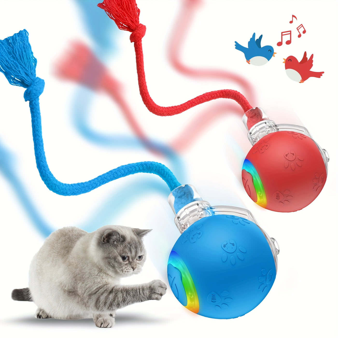 Motion-Activated Smart Cat Toy 2-Pack USB Rechargeable with Bird Sounds Colorful Lights - Interactive Self-Play for Indoor Cats & Kittens