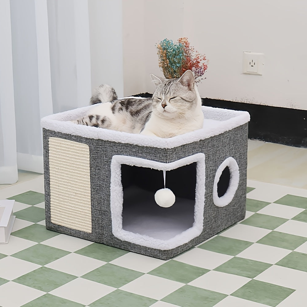 Foldable Cat Cube Bed with 2-Tier Perch, Toy Tunnel & Scratching Post – Space-Saving Indoor Cat House, 16.5x16.5x13 Inches, Plush & Canvas