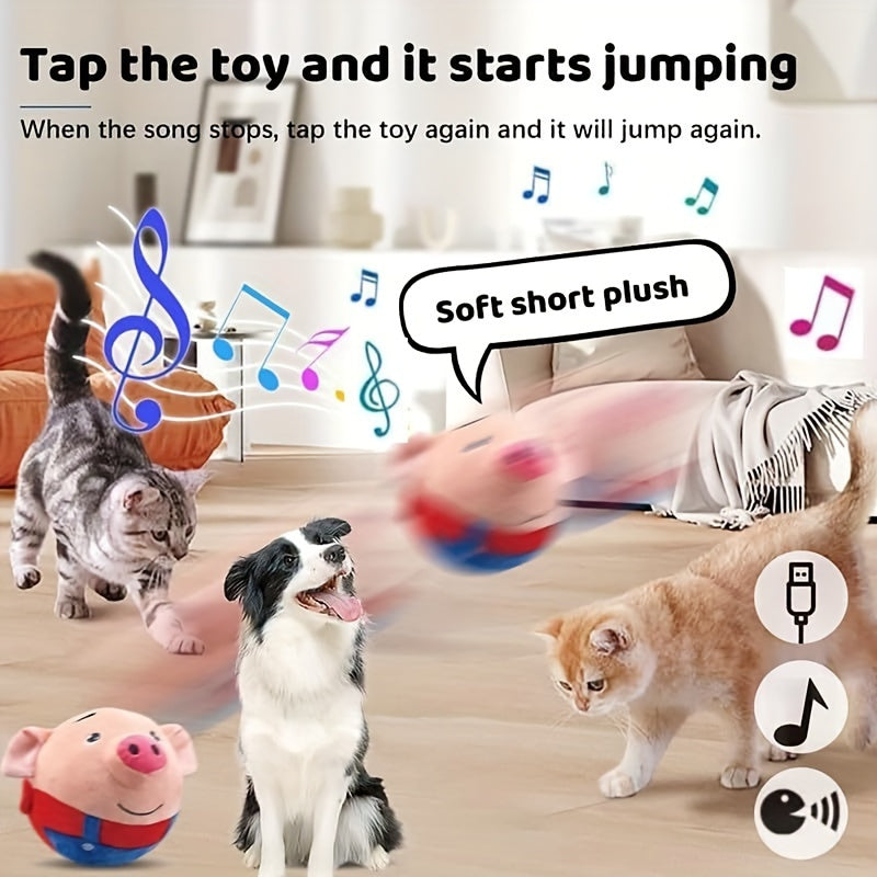 Electric Cartoon Pig Dog Toy – USB Rechargeable Auto Rolling Squeaky Vibrating Interactive Dog Toy Ball, Washable Electronic Pet Toy for Active Dogs, Blue & Red