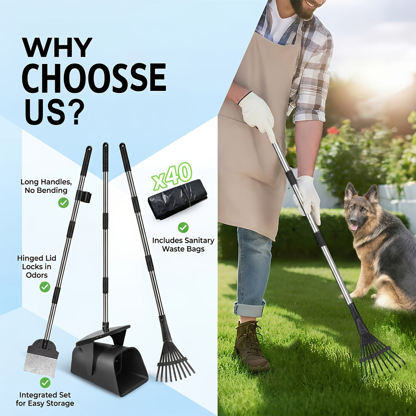 Dog Pooper Scooper Set Heavy Duty – Long Handle with Swivel Bin, Rake & Spade for Grass, Dirt & Gravel, Includes 40 Waste Bags, 2 or 3 Piece Set for Large Dogs