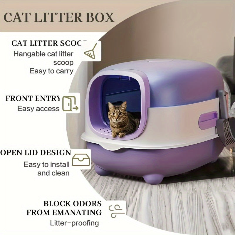 Extra Large Enclosed Cat Litter Box with Drawer & Scoop - Anti-Odor Anti-Splash Easy Clean Indoor Outdoor Cat Toilet, Blue/Gray/Purple, Safe Comfortable for Cats