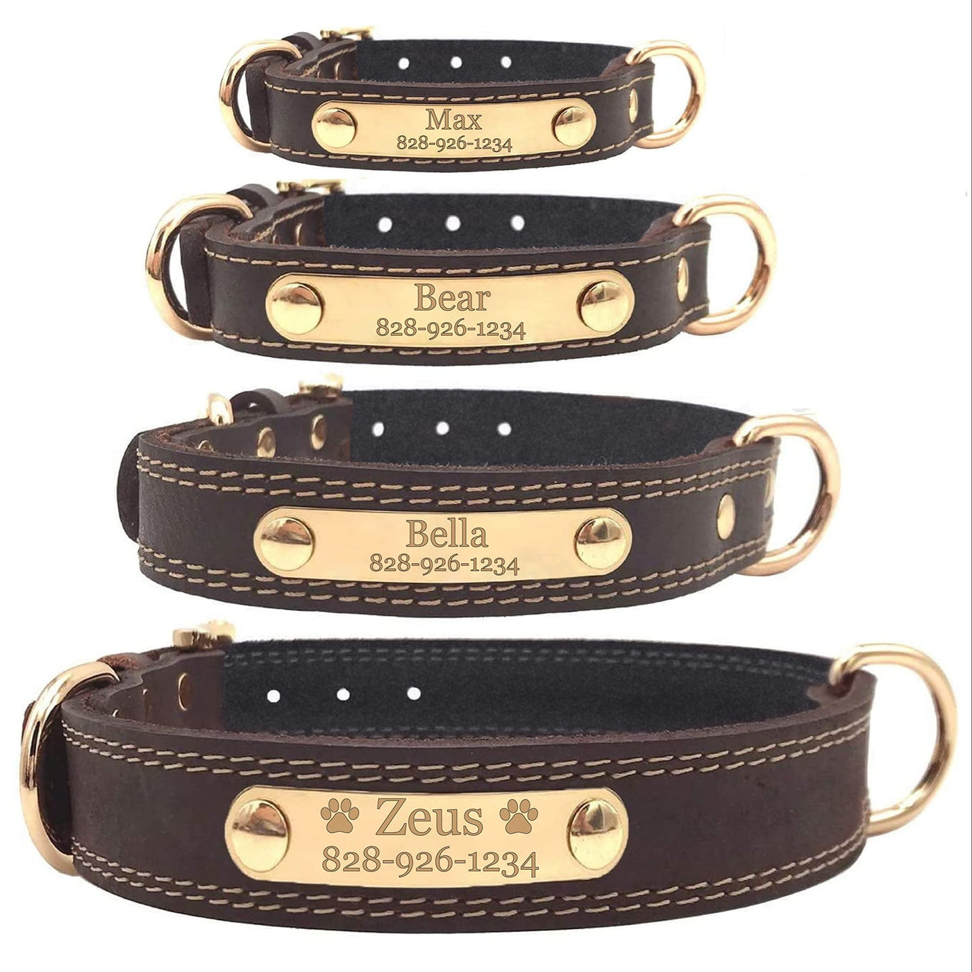 Personalized Dog Collar Custom Engraved Nameplate – Soft Synthetic Leather ID Tag Collar for All Dog Sizes, Adjustable Sizes XS-L, Coffee Brown