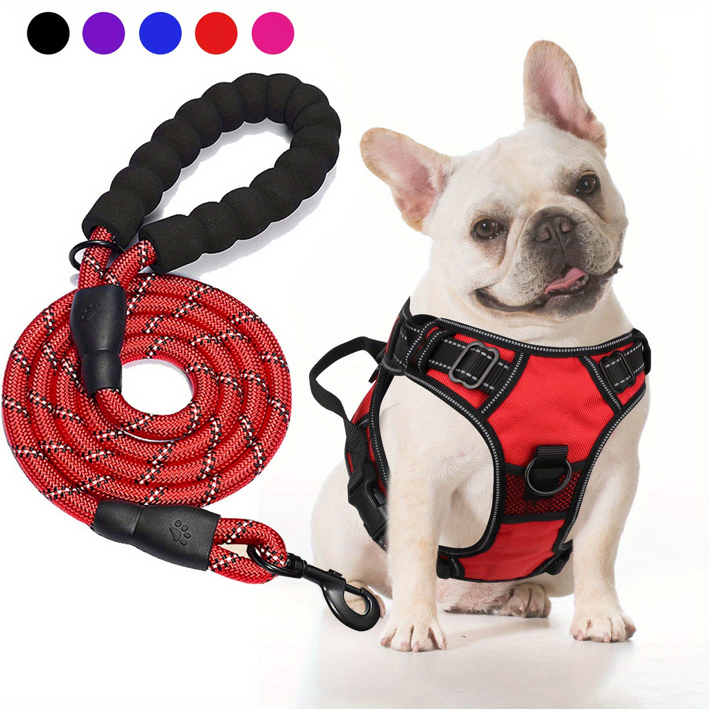 No-Pull Dog Harness & Free 5-Foot Leash Set - Adjustable Reflective Oxford Vest with Foam Handle, Easy Control for Medium Large Dogs S-XL, Black Purple Blue Red Rose Red