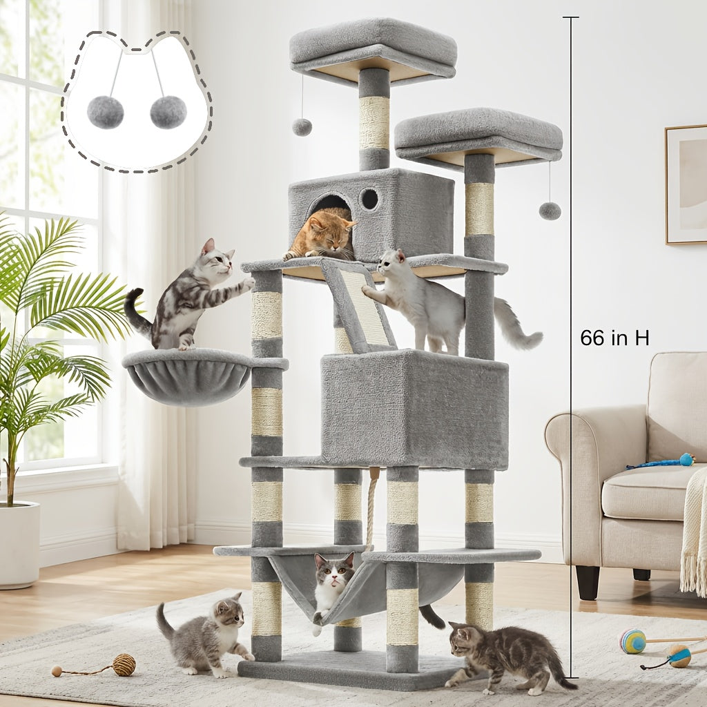 Multi-Level Cat Tree Tower with Cave & Plush Hammock - 44/66/79in Tall Cat Condo, 4 Sisal Scratching Posts, 2 Perches, Anti-Tilt, Pompom Toys for Multi-Cat Families, 5 Colors