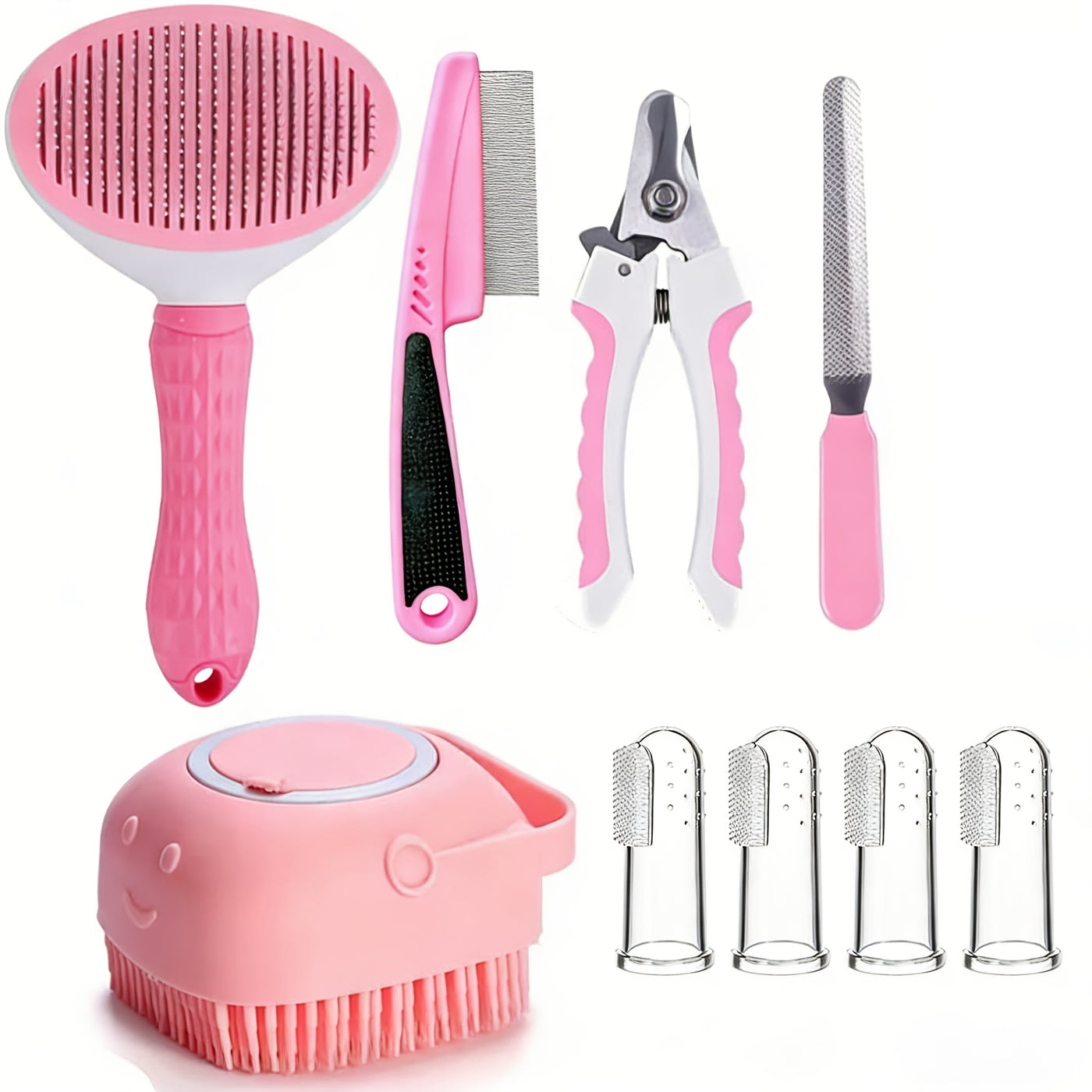 7-in-1 Pet Grooming Kit for Dogs & Cats – Self-Cleaning Slicker Brush, Nail Clippers, Shampoo Bath Brush, Dental Care Set for Puppies & Cats | Pink & Blue, 9pcs