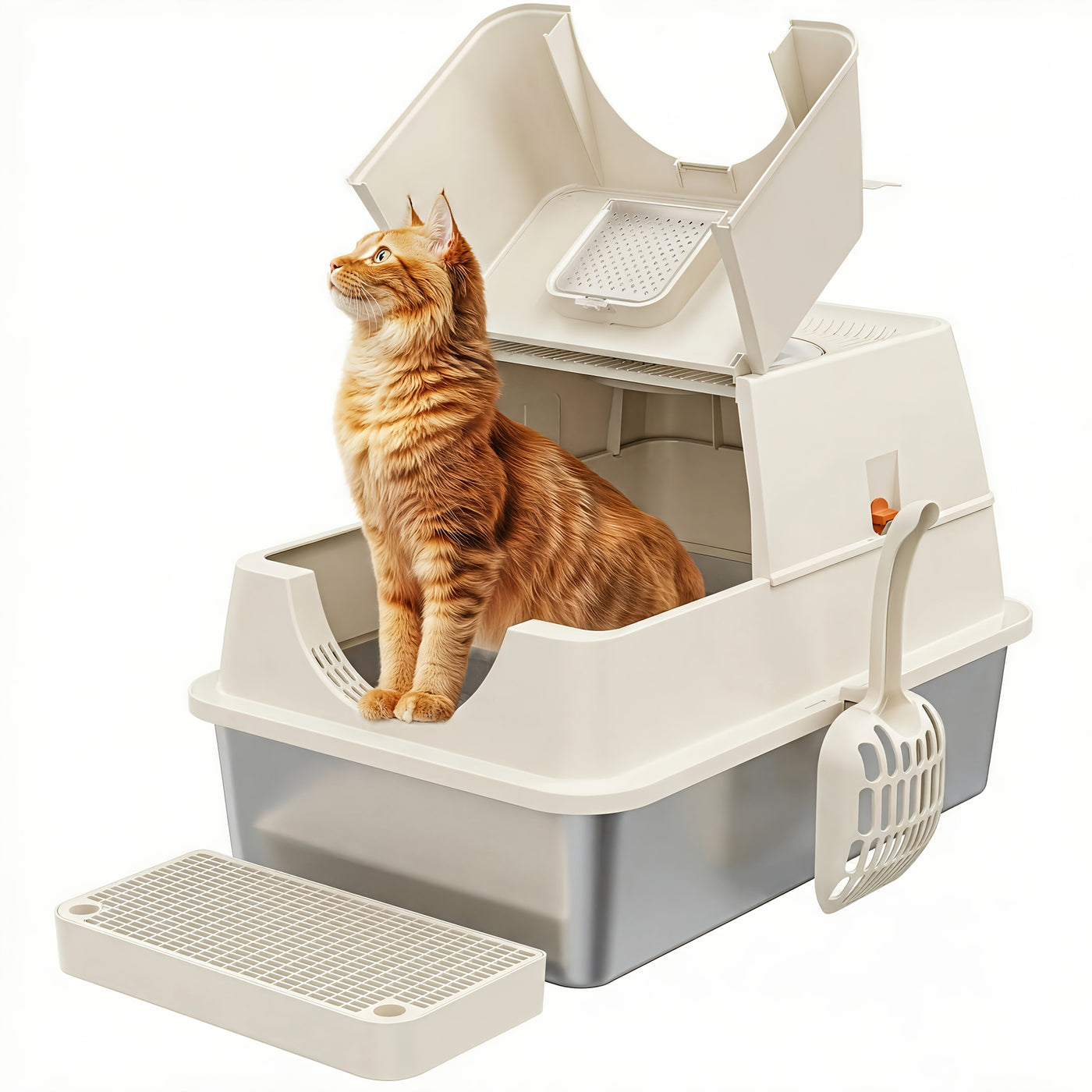 XL Stainless Steel Enclosed Cat Litter Box – 3-in-1 Flip Top Design, High Side Walls Prevent Litter Scatter, Ideal for Large Cats and Multi-Cat Households