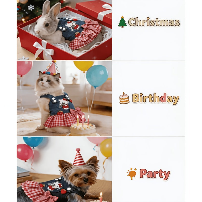 Hello Kitty Pet Dress Red White Plaid Pleated Skirt with 3D Bow & Strawberry – Sanrio Licensed Holiday Party Dress for Small Dogs Cats, XS-XL, Christmas Gift