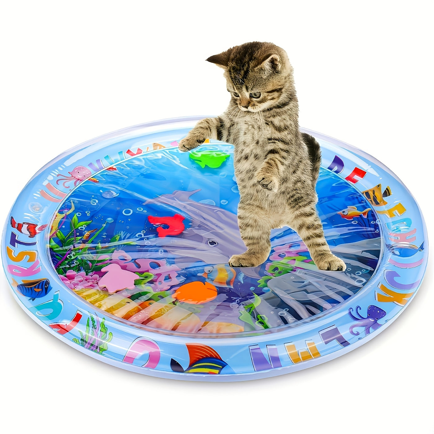 Interactive Water Play Cat Mat with Floating Fish – Splash-Proof PVC Indoor Cat Toy, Cartoon Pattern, No Battery Needed, Easy Tap Water Clean