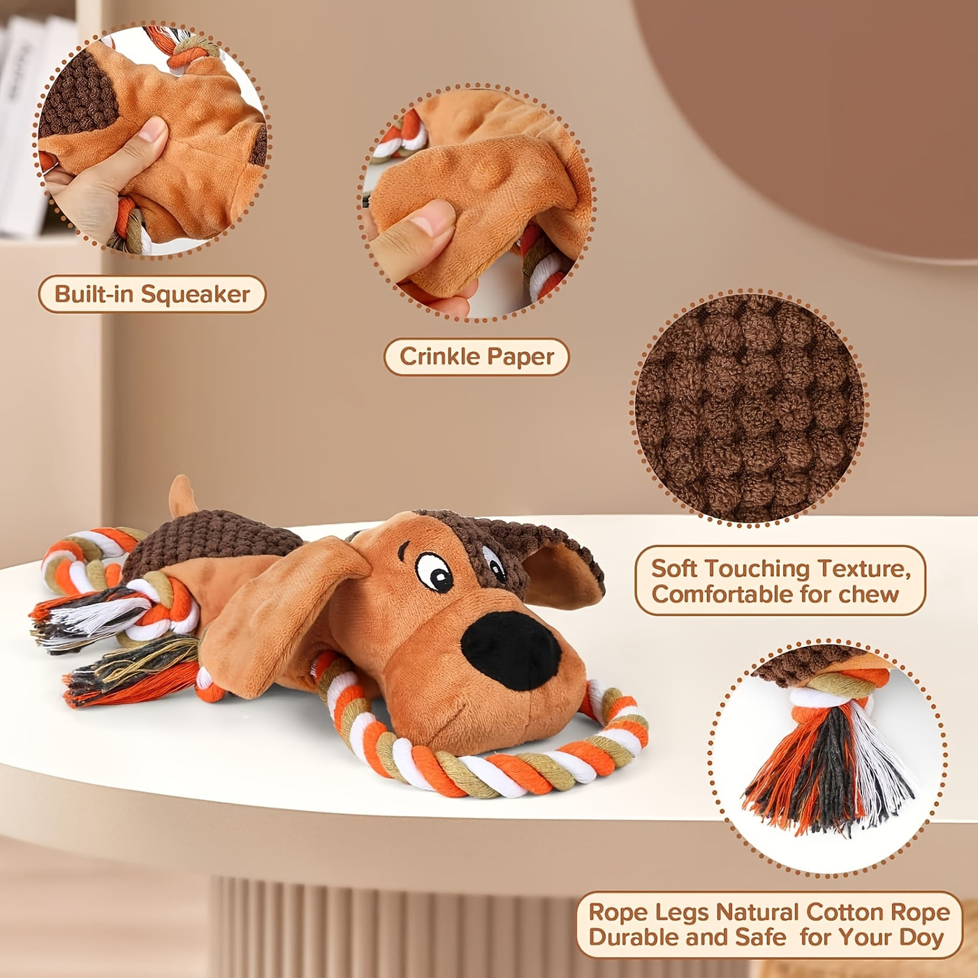 Squeaky Plush Dog Toys with Rope – Interactive Tug of War Toy for Small Medium Large Dogs, Crinkle Stuffed Animal Dog Toy, Aggressive Chewer Safe, Lion Bear Leopard Styles
