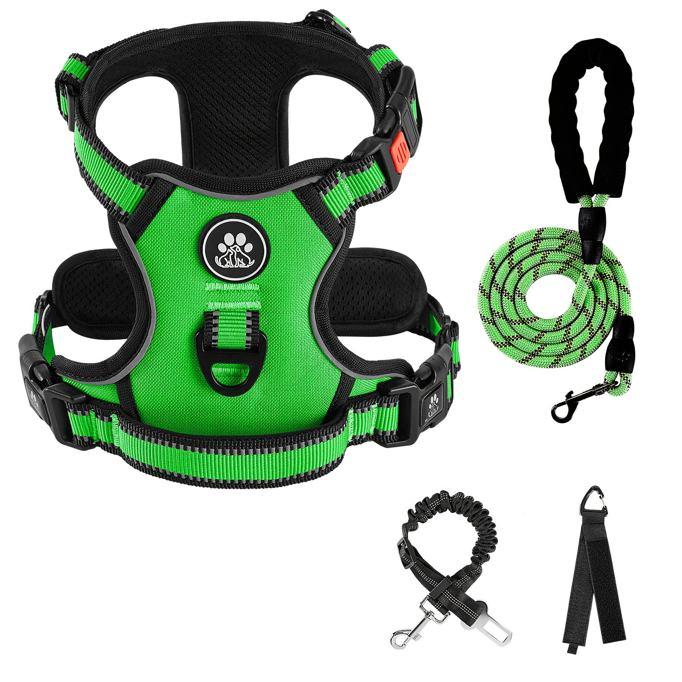 Complete Dog Walking Set – No-Pull Harness + Collar + Leash + Retractable Seatbelt + Storage Strap, Fully Reflective Breathable Vest with Handle for Small & Large Dogs, Sizes XS-XL