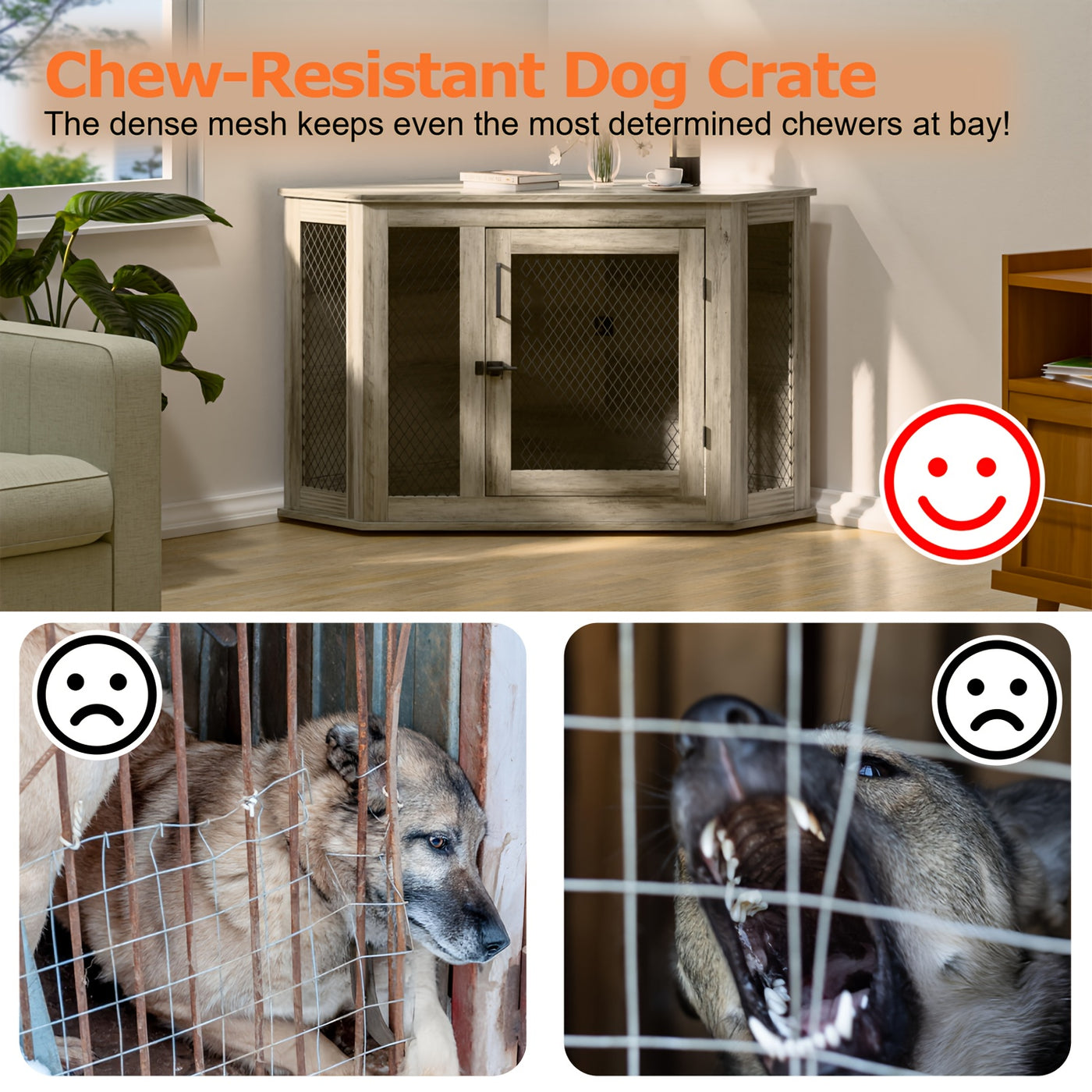 Wooden Dog Crate Furniture End Table with Mesh Door – Indoor Pet Kennel Side Table for Small Medium Dogs, 2 Sizes Brown Grey White