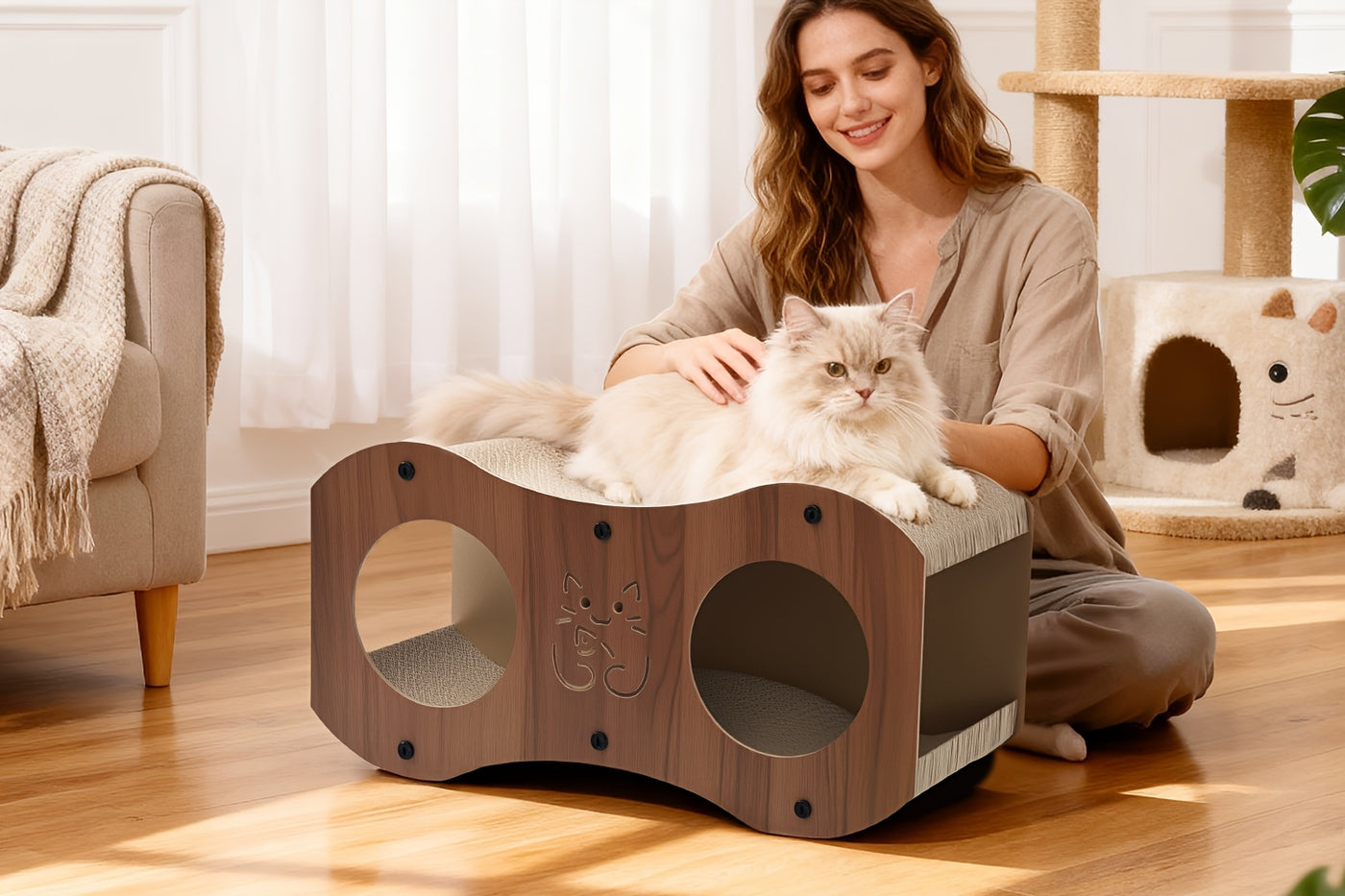 Cat Scratching Post with Integrated Woven Bed & Cat Toy - Sturdy Wood Base 4-Season Scratch Pad for Indoor Cats, Lounging & Play, Oak or Walnut Color
