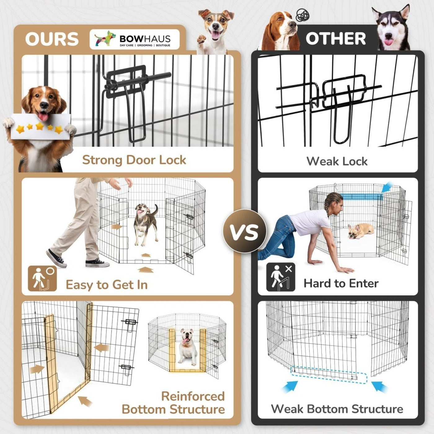 Metal Dog Playpen 8-Panel Foldable with Gate – Heavy-Duty Iron Exercise Fence Cage for Small Dogs, Indoor Outdoor Portable Kennel, 24"/30"/36" Height Options