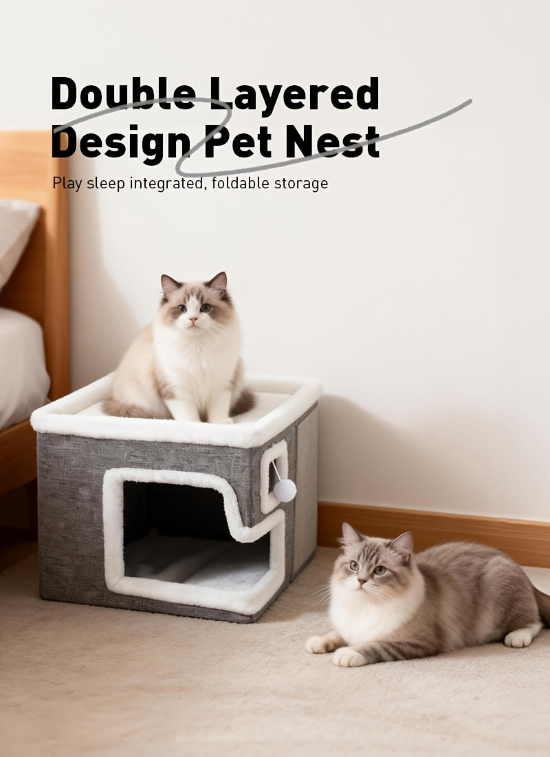 Indoor Cat House Condo 3-in-1 – Cat Bed Sleep Play & Scratch Box, Luxury Wooden Cube Ottoman Cat Cave Hideaway for Large Cats, Multi-Cat Friendly, Light Gray (Regular & Large)
