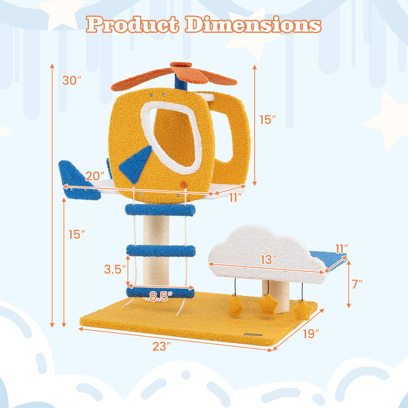 Aviation Cat Tree for Indoor Cats – Small Cat Tower with Helicopter Perch, Scratching Post, Climbing Ladder & 3 Hanging Toys, 30" Kitty Activity Center, Blue White Yellow