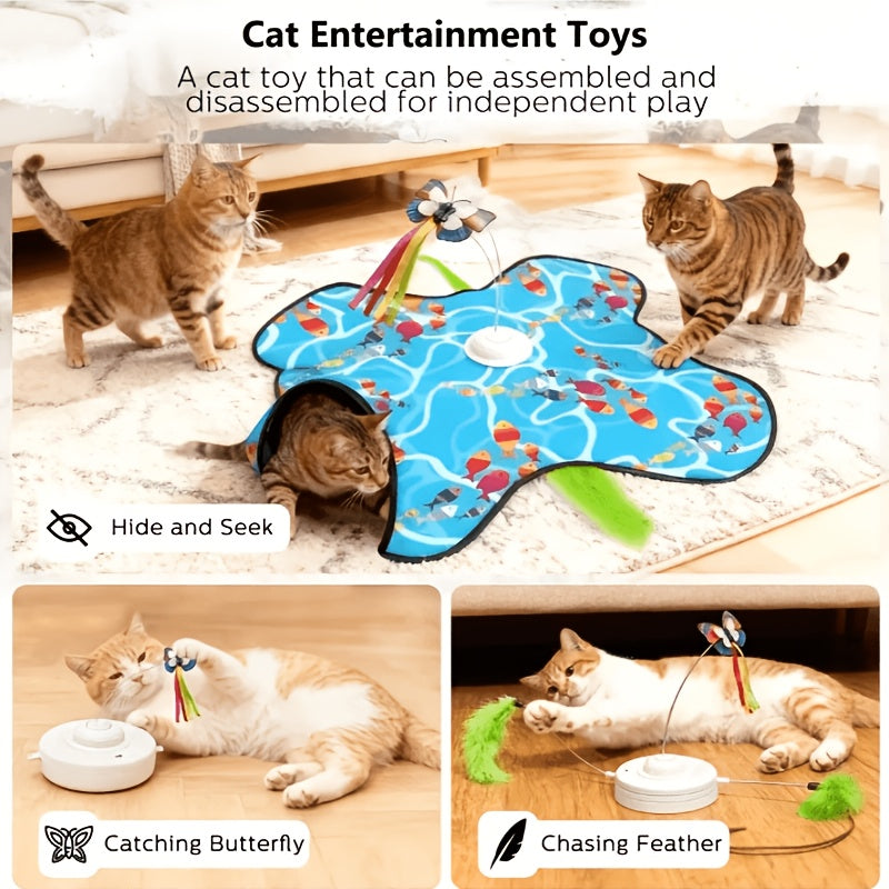 Motion-Activated Interactive Cat Toy 2-in-1 Rechargeable with Flying Butterfly Hidden Feathers & Animal Sounds - 360° Self-Play for Kittens & Cats