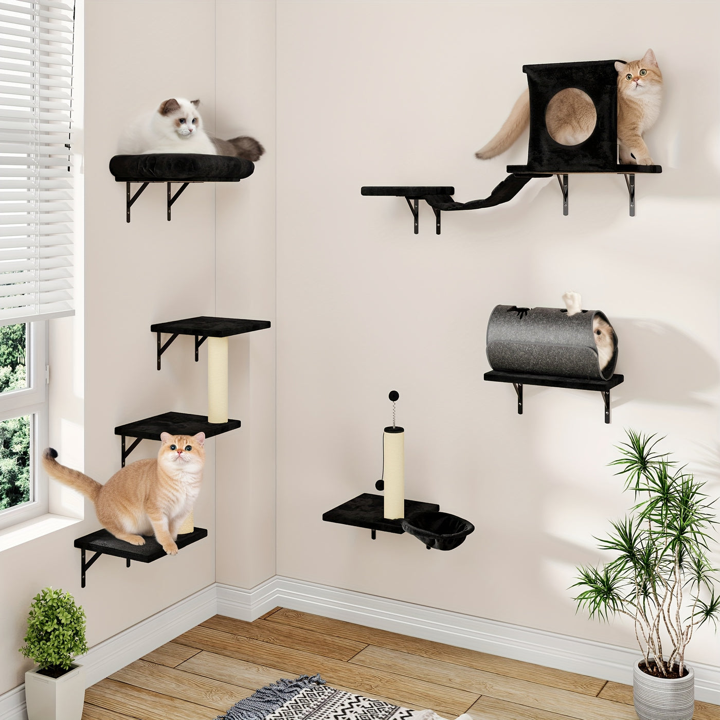 Wall Mounted Cat Climbing Shelf Set – 6 or 7 Piece Cat Wall Furniture with Scratching Post, Bridge, Ladder & Tunnel, Indoor Cat Condo for Cats of All Sizes
