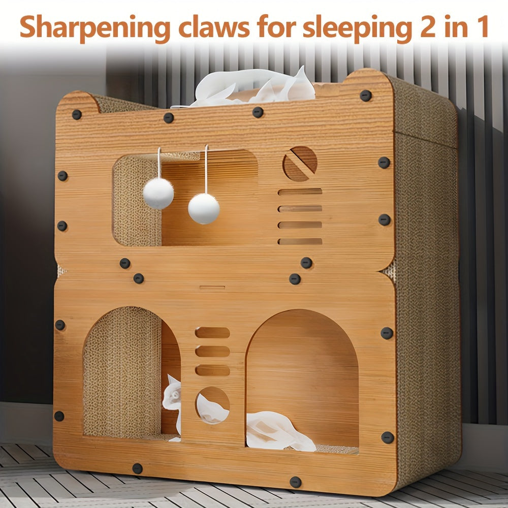 Cat Tree House Condo with Scratching Board & Plush Balls - Multi-Level 21" Indoor Outdoor Cat Condo, Dual Scratch Posts, Ventilation Doors, Cozy Perch for Cats Kittens
