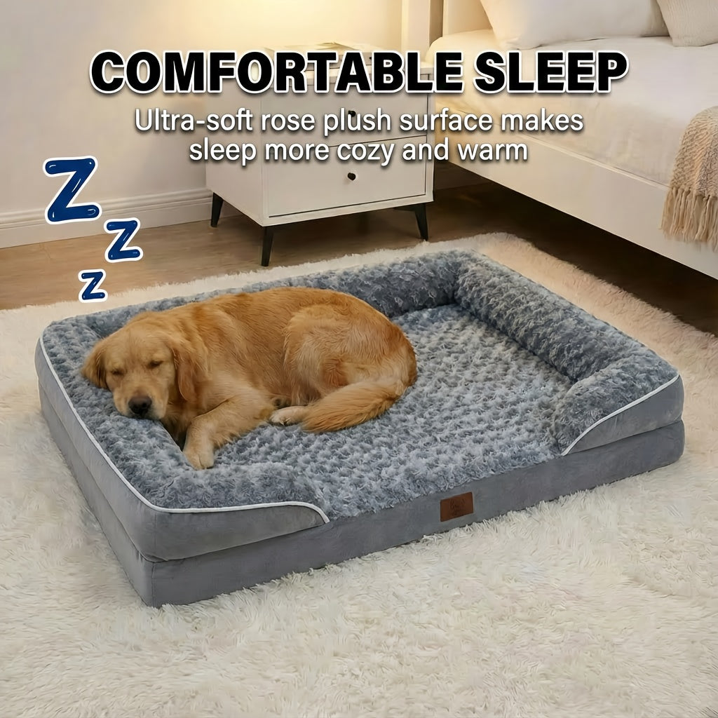 Orthopedic C-Shape Dog Sofa Bed for Extra Large Dogs – 3.5" Bolster, Plush Washable Removable Cover & Nonslip Bottom, Gray