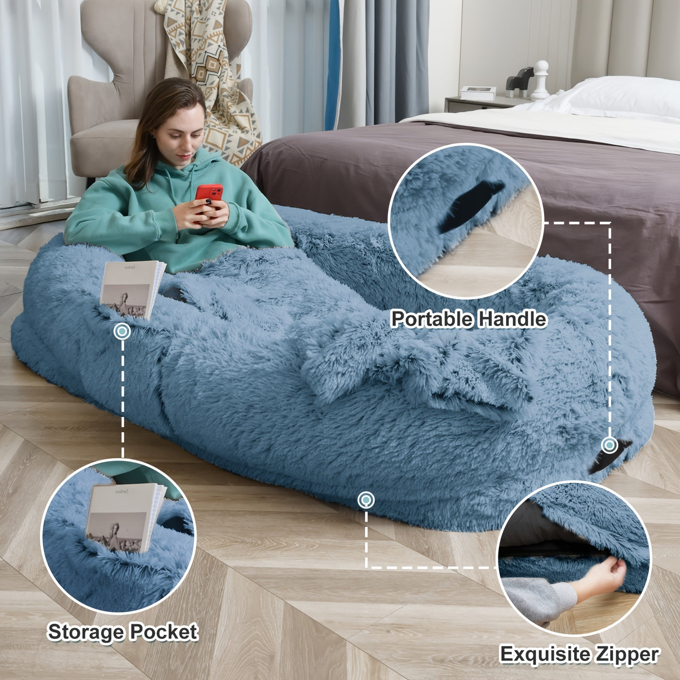 Human Dog Bed 70x44x11 Inch Giant Faux Fur Orthopedic Bed for People & Pets - Washable Non-Slip Extra Large Dog Bed for Adults, Napping, Lounging, All Breeds