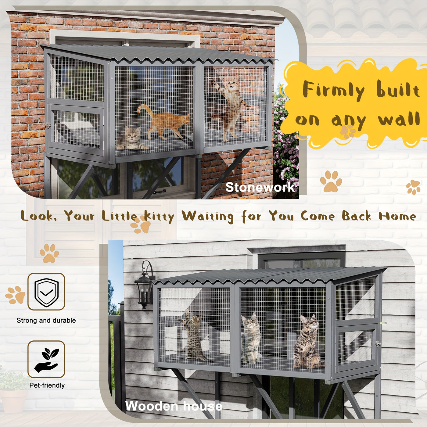 Cat Catio Window Perch Outdoor Enclosure for Large Cats - Wooden Window Box Hammock for Indoor Cats Sunbathing & Napping with 360° View, Rain-Proof Roof & Expandable Design