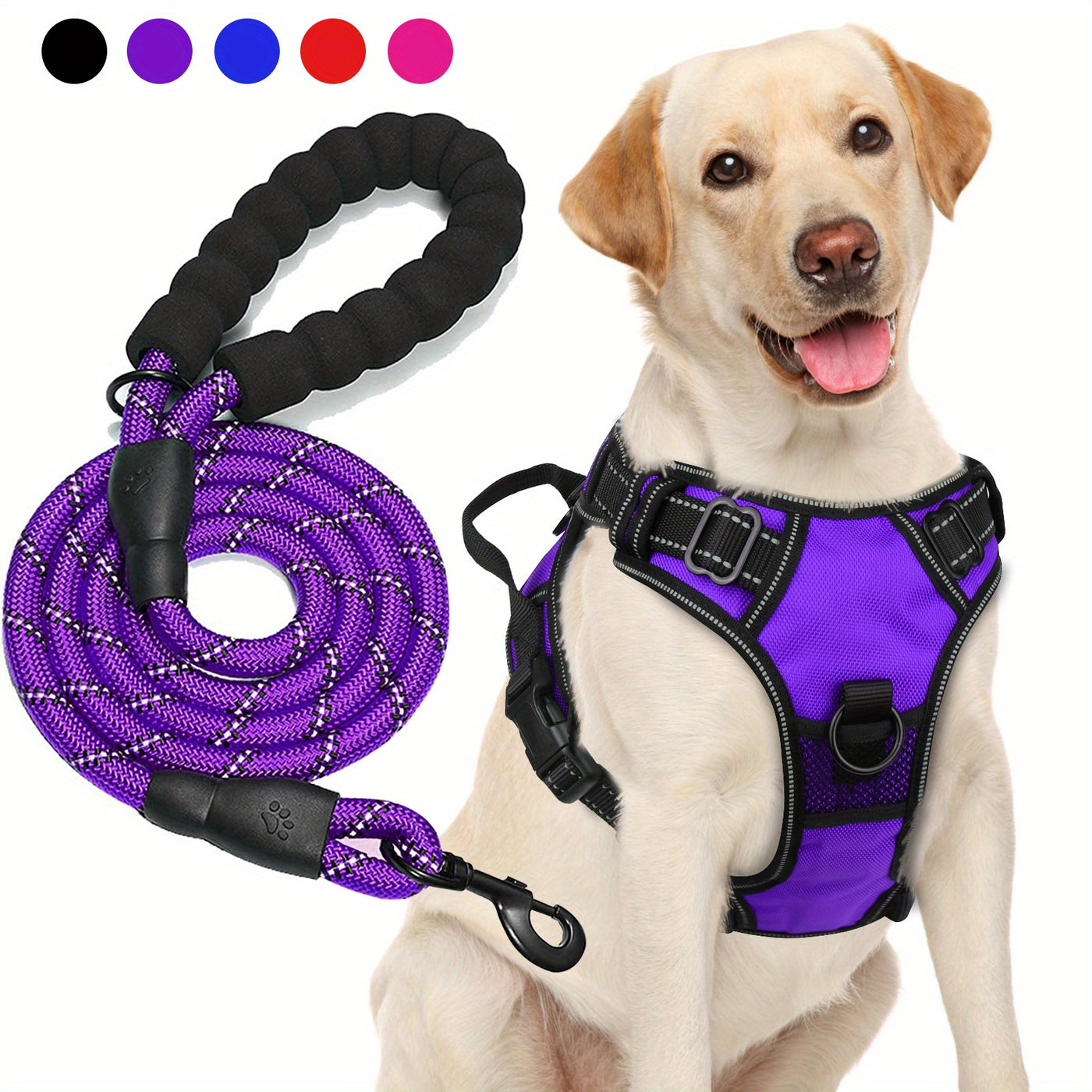 No-Pull Dog Harness & Free 5-Foot Leash Set - Adjustable Reflective Oxford Vest with Foam Handle, Easy Control for Medium Large Dogs S-XL, Black Purple Blue Red Rose Red